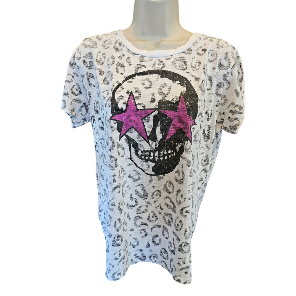 Chrldr cheerleader grunge distressed leapord skull t shirt top M EUC whimsigoth